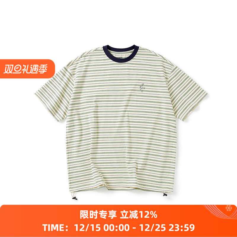 PRIMEE 下摆抽绳廓形条纹短袖圆领T恤