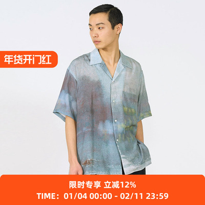 YOKE LANDSCAPE PRINTED OPEN COLLAR艺术家合作系列天丝短袖衬衫