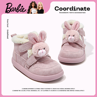 芭比童鞋女童棉鞋2025新款冬季高帮加绒小女孩保暖靴子儿童毛毛鞋