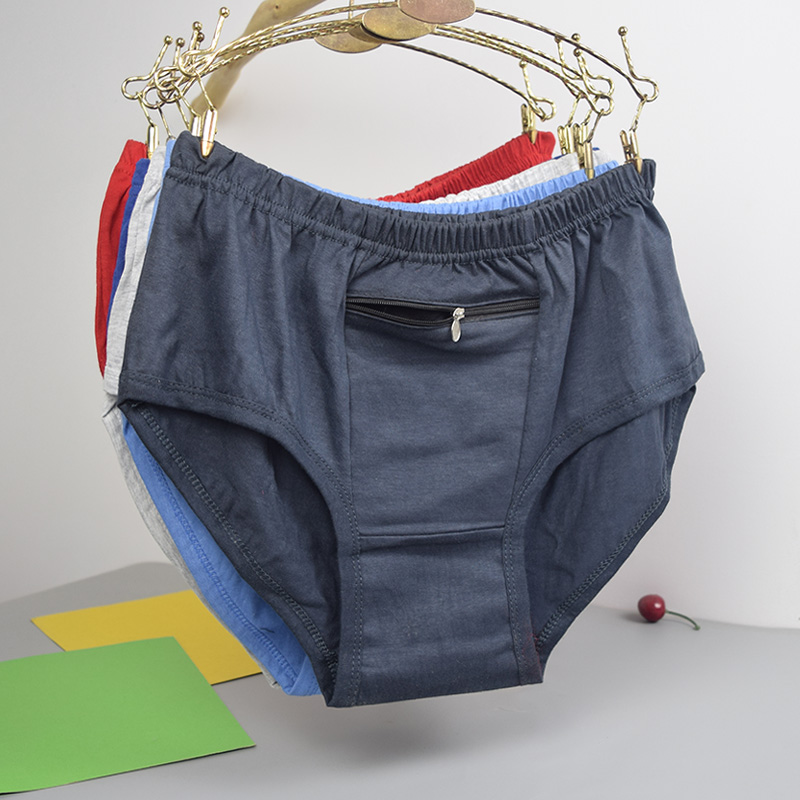 男士内裤纯棉中腰拉链暗袋三角裤全棉口袋爸爸大码宽松防盗短裤衩