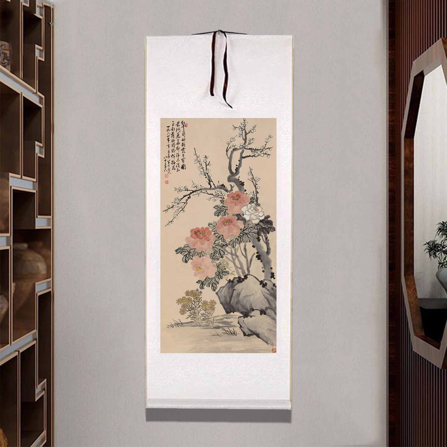陈半丁《牡丹梅花图》国画水墨花鸟画条幅卷轴挂画客厅书房装饰画图片