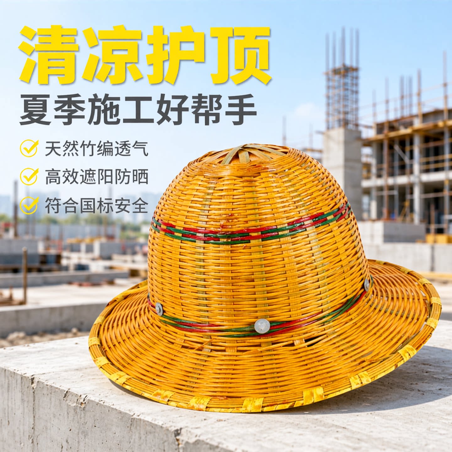 竹编安全帽工地透气遮阳防晒施工夏季防护藤条帽国标头盔建筑工程图片