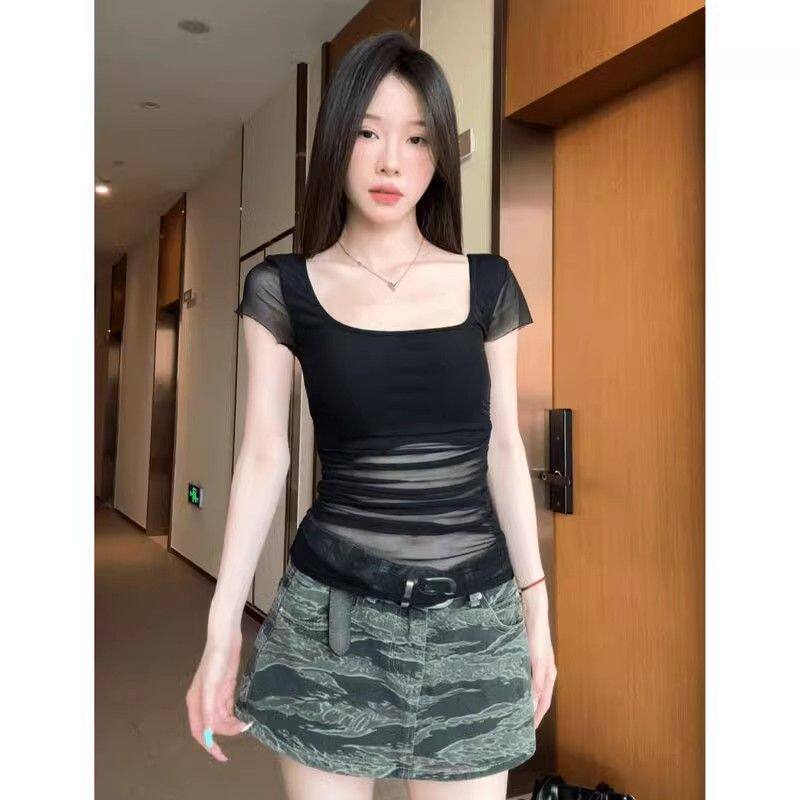 黑色正肩网纱拼接方领短袖T恤女夏季修身辣妹微透独特绝美小上衣