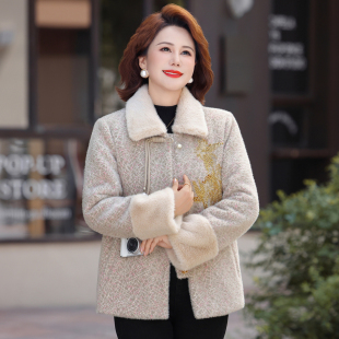 中老年妈妈秋冬装加绒加厚翻领毛呢外套新款洋气阔太太仿貂绒大衣