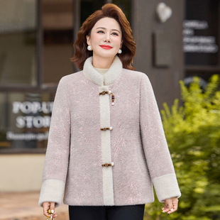 新中式妈妈装加绒加厚仿水貂绒外套中老年女冬装立领减龄毛呢大衣
