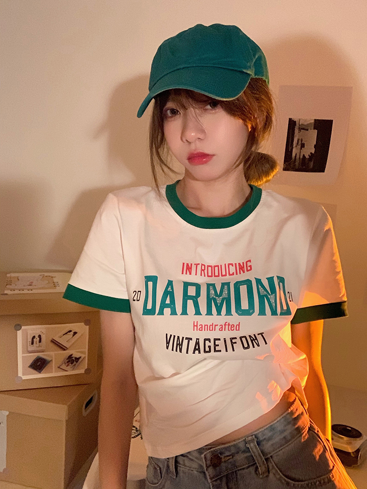 Real price real shot ~ Korean versatile letter printing color contrast design round neck short sleeve T-shirt three color in