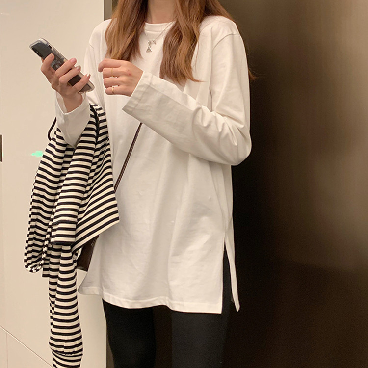 ~Simple and easy to match with white T-shirt women's Korean version loose split medium length top round neck long sleeve bottom coat