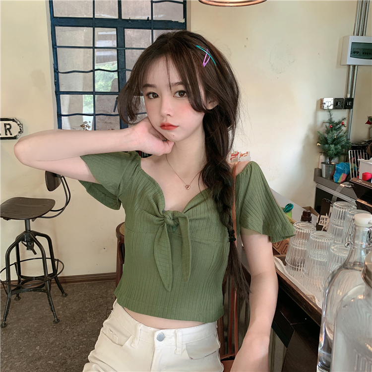 Real price real shooting - New Korean design in summer sweet bow knitted Short Sleeve T four color in