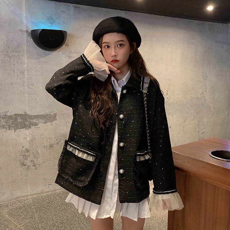 Real price real shot ~ temperament versatile small fragrance lace pearl button coat