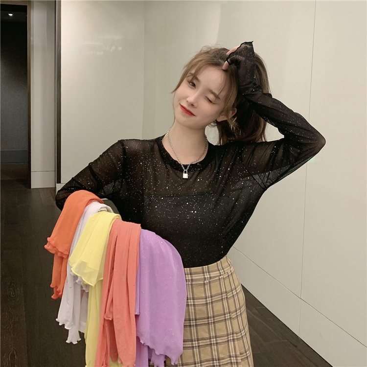 Real price real shot ~ summer sunscreen screen shining versatile round collar micro transparent long sleeve sunscreen t six colors in~