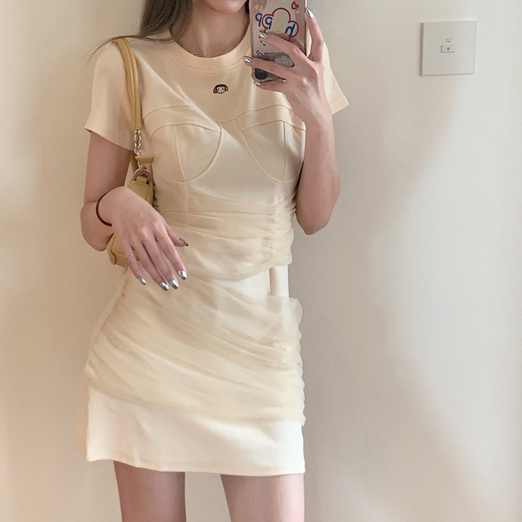 Real price real shot ~ Korean design feeling waist pleated mesh stitching waist thin versatile dress