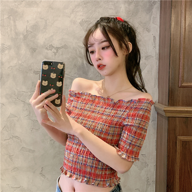 Real price photo ~ summer new sexy off shoulder Plaid slim and versatile top