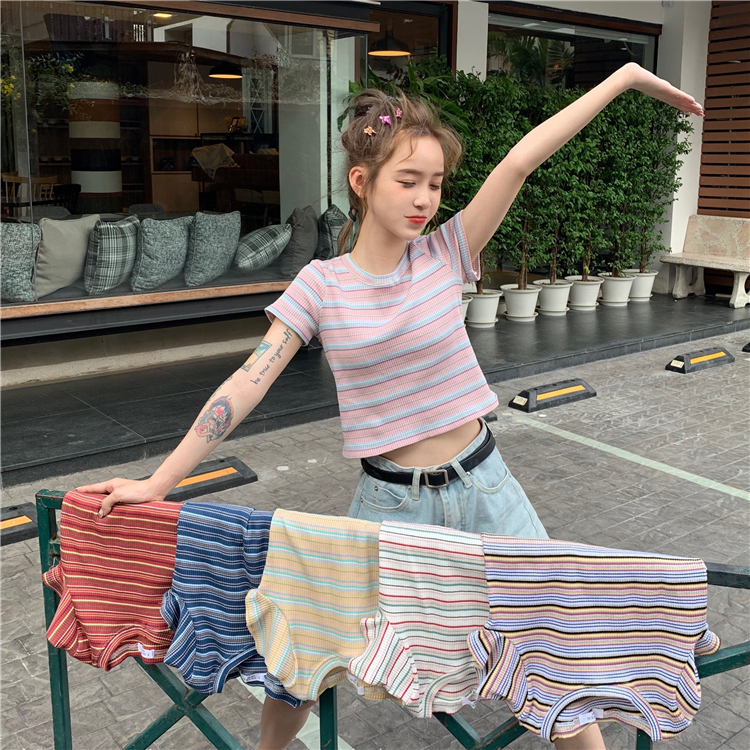 New color matching stripe thin short sleeve T-shirt 6 colors in