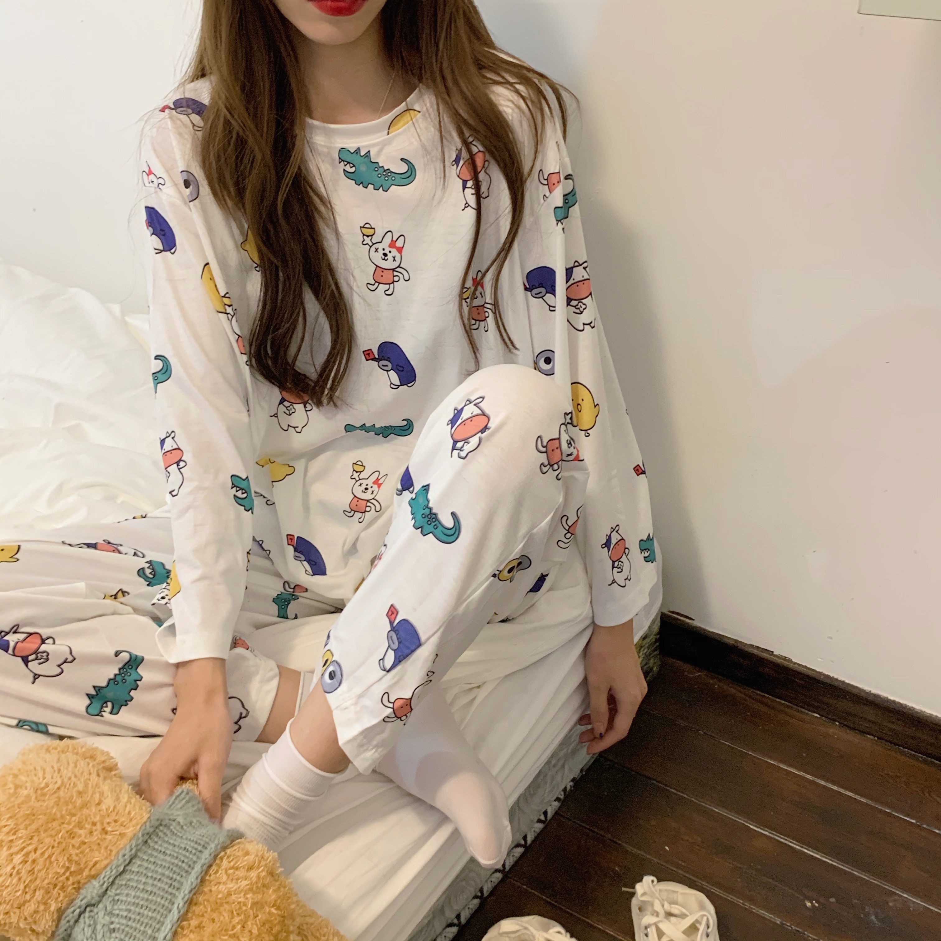 Real price real shooting ~ new cute cartoon fun printing loose home long sleeve pajamas two piece set