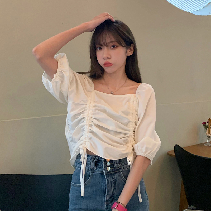 Real price real shot ~ Korean version gentle square neck drawstring short High Waist Chiffon Top foreign style small shirt