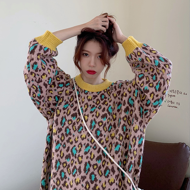 Real price and real shot ~ thickened winter new style Korean retro lazy style leopard print round neck loose sweater