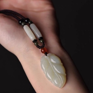 和田色金枝玉叶吊坠毛衣链玉坠玉佩玉石叶子玉坠男女款项链情侣款