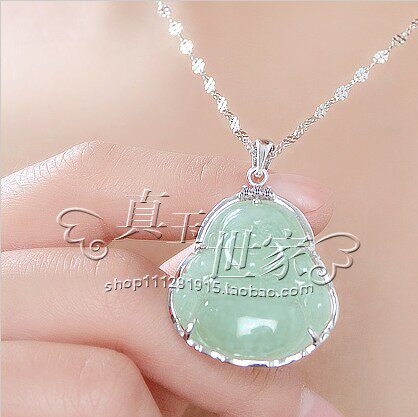 正品翡翠A货吊坠弥勒佛公925银玉佩玉石笑佛玉坠挂件女款项链证书