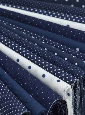 深蓝色波点印花面料 手工娃衣布艺DIY 藏青白色小点点衬衫布料