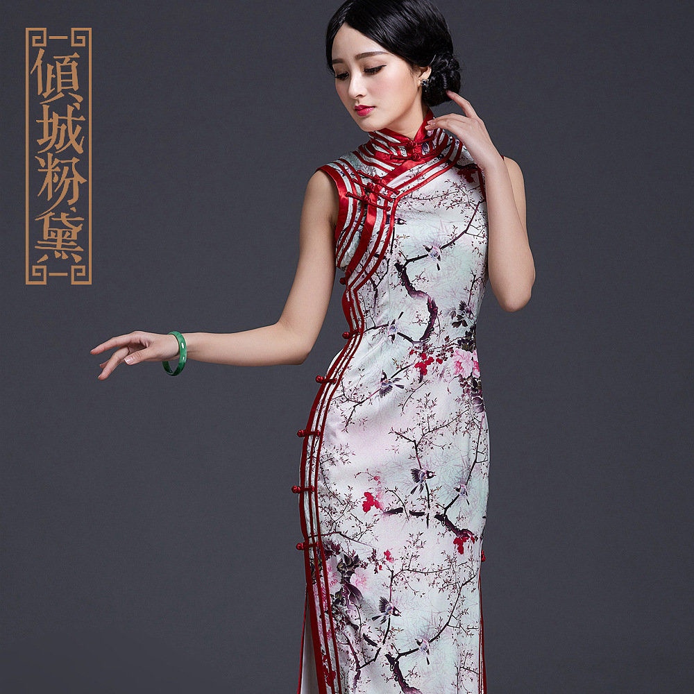 柔美如玉傾城粉黛高端定制新款改良時尚真絲長款旗袍開襟復(fù)古高貴