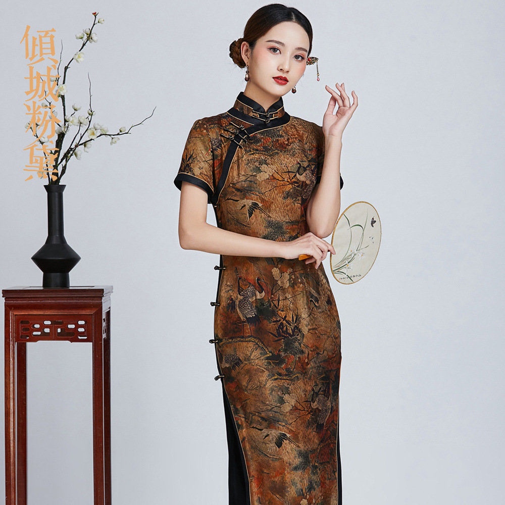 傾城粉黛夏季真絲長款高端旗袍女高貴時尚盤扣旗袍裙禮服宴會大氣