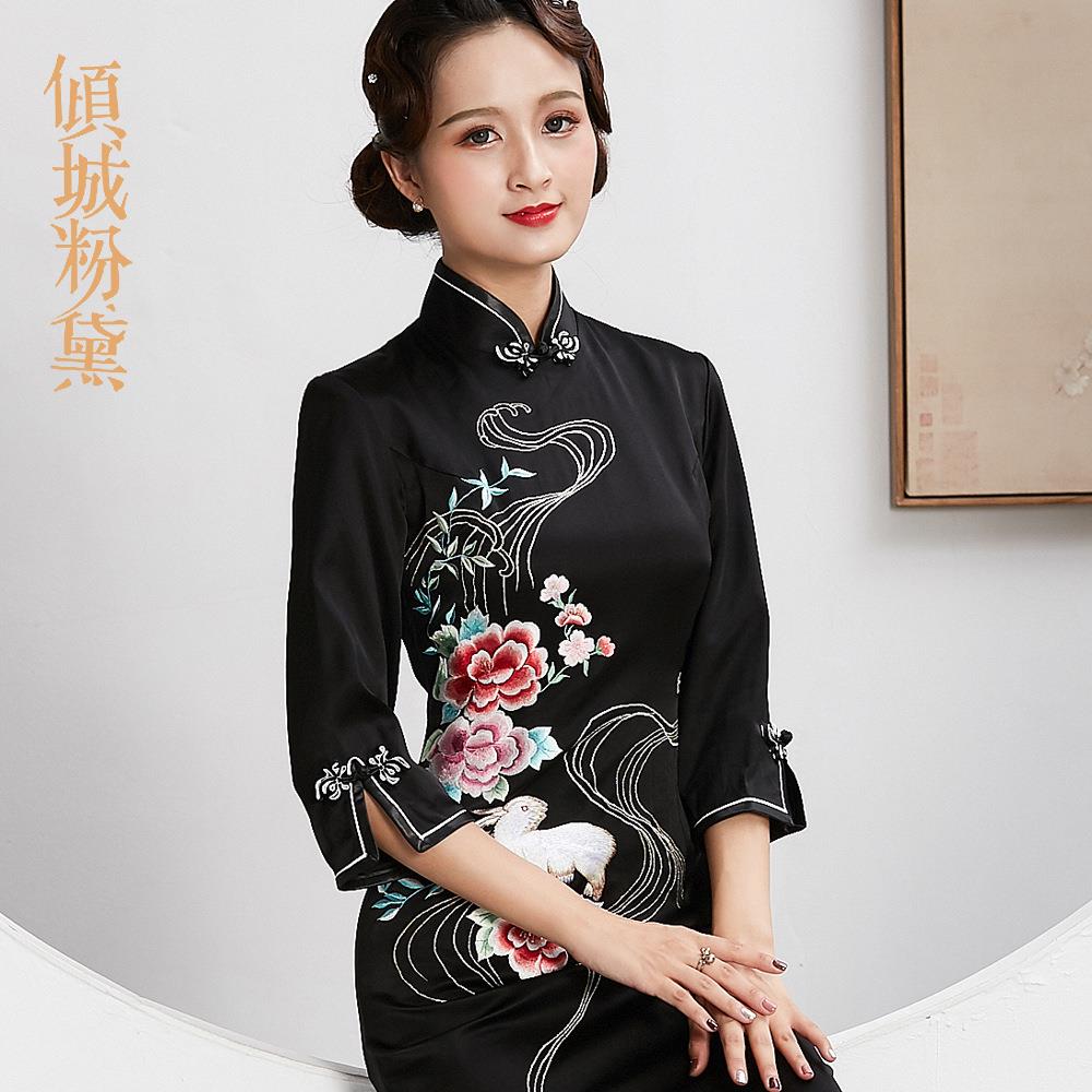 重磅真丝长款手推绣中袖旗袍裙礼服秋冬新款喜婆婆装凤凰刺绣旗袍