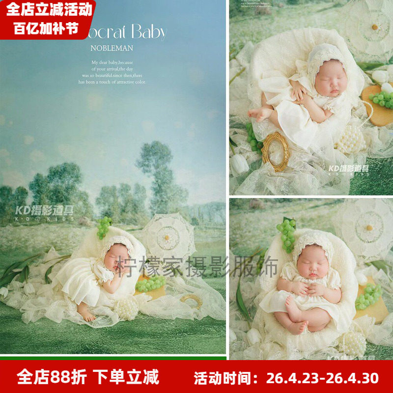 儿童春日复古森系油画风新生儿满月蕾丝纱裙套装影楼精致艺术拍照