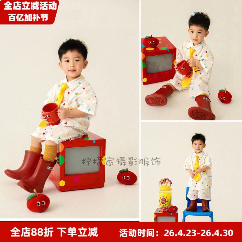 儿童摄影服装多巴胺极简彩色波点衬衫套装男童可爱棒棒糖主题拍照