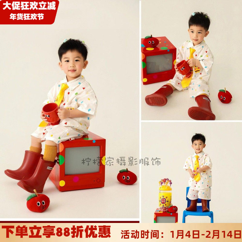 儿童摄影服装多巴胺极简彩色波点衬衫套装男童可爱棒棒糖主题拍照