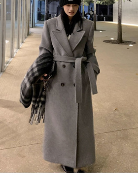 灰色呢子大衣女2026秋冬新款高级感正肩中长款高个子加长毛呢外套