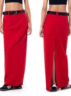 2025春夏秋季新款高级感西装开叉长裙女直筒半身裙显瘦一步裙子