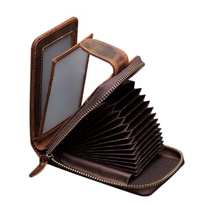 秋冬疯马皮男士钱包 真皮多功能美金夹风琴卡包头层牛皮钱包