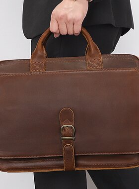 旅行通勤定制男士手提包欧美复古疯马皮横款男包英伦复古头层牛皮