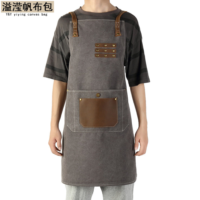 欧美时尚油蜡过蜡帆布工具围裙亚马逊欧美机修木匠制服配疯马皮