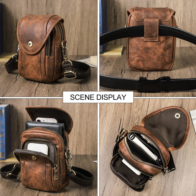 2026新款黑天使复古疯马牛皮男士7寸手机腰包穿皮带多功能男包