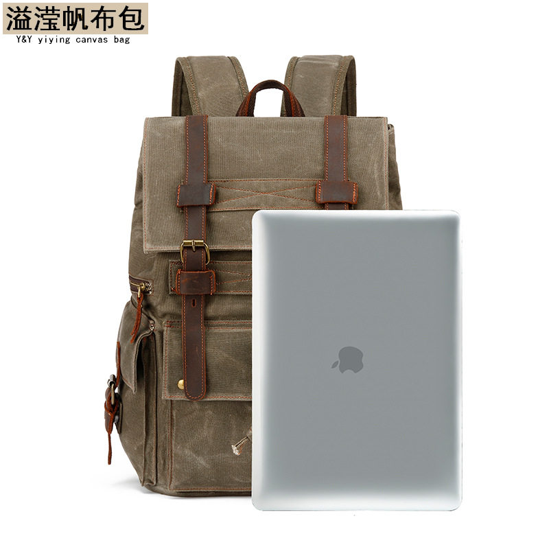 欧美时尚新款旅行疯马皮休闲背包防水男士双肩油蜡帆布包亚马逊