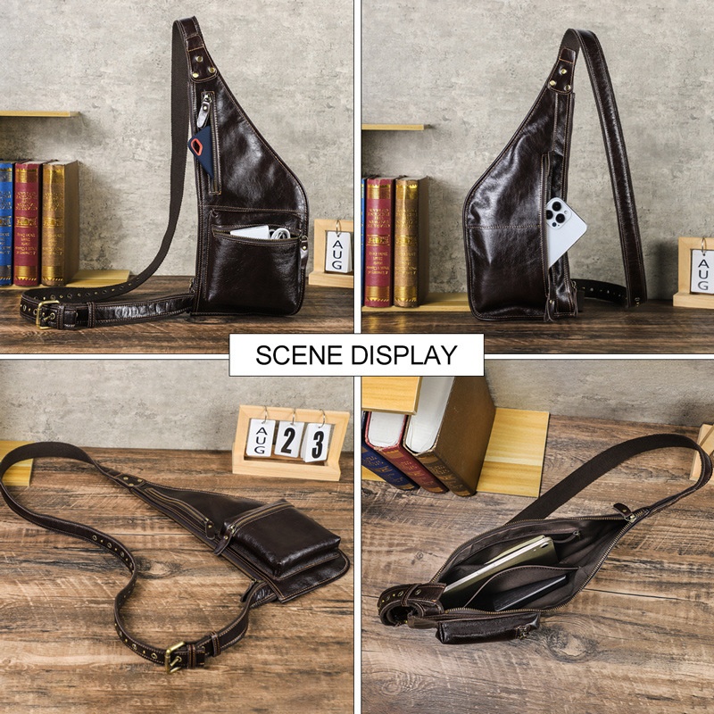 秋冬黑天使头层牛皮多功能手机胸包潮酷油蜡皮机车小背包真皮运动