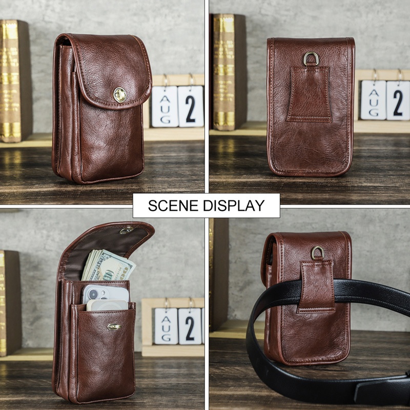 秋冬黑天使头层牛皮质感简约男士运动腰包时尚翻盖真皮手机腰间包