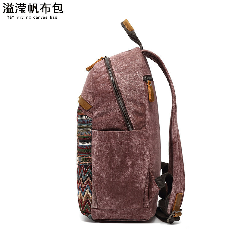 欧美时尚防水帆布配头层皮女双肩包民族风花纹跨境旅行背包溢滢