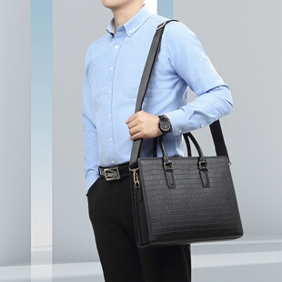 公文包头层牛皮感商务男士 2026新款 真皮男包鳄鱼纹大容量男式