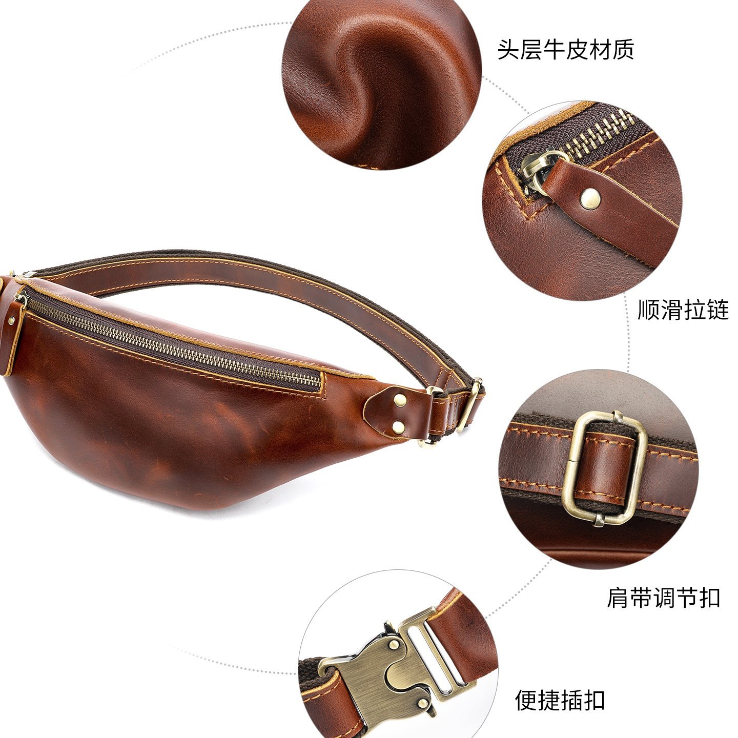 秋冬跨境现货欧美复古疯马牛皮男士腰包新款运动多功能真皮手机包,箱包皮具/热销女包/男包,胸包,淘宝优惠券,粉丝福利购,淘宝优惠卷