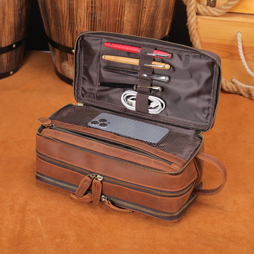 秋冬男士真皮手拿包夹包纯皮疯马皮洗漱包男款牛皮钥匙包商务通