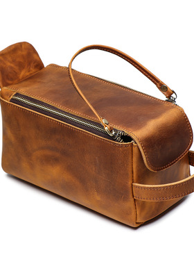 新款复古款多功能真皮手提包男士化妆包大容量疯马皮洗漱品收纳