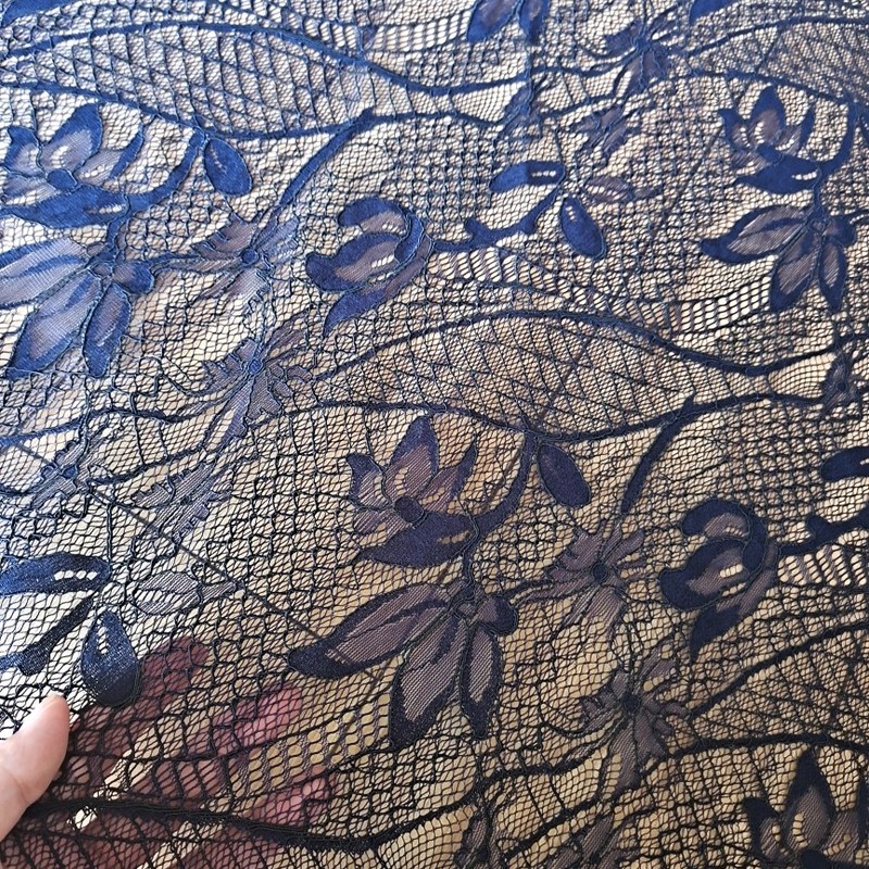 精致藏青色车骨蕾丝睫毛布料旗袍连衣裙服装打底假两件称斤一斤