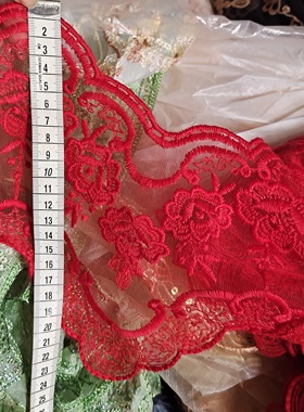 红色波浪网纱刺绣花边 服装服饰辅料裙边腕袖diy辅料称重900g
