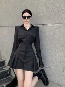 大码美式辣妹赫本风连衣裙2023春夏女装胖mm黑色高级感显瘦衬衫裙