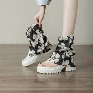 韩版 增高夹趾凉靴小个子百搭休闲靴7cm侧拉链 花布厚底短靴女夏季