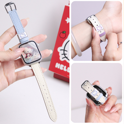 适用苹果表带iwatch11腕带荔枝纹双色kt猫appleiwatchs11撞色s10女款S9可爱ultra2代新款纯色高级se春夏新款