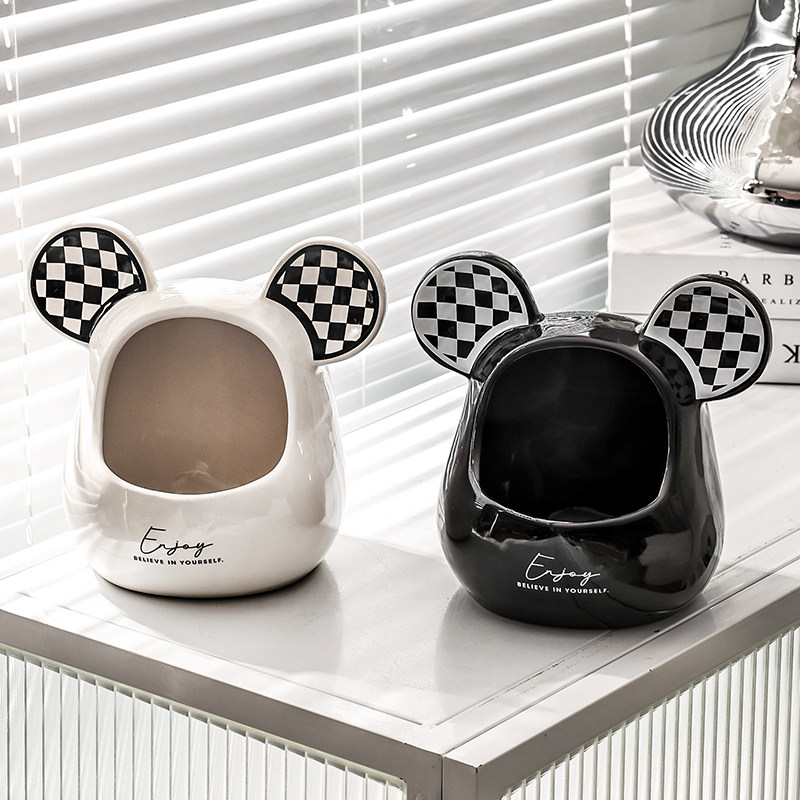 熊头黑白棋盘格桌面收纳盒进门放钥匙口红杂物托盘装饰果盘摆件