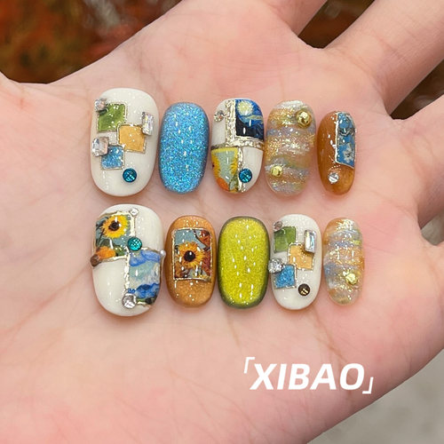油画美甲手工制作秋冬绝美穿戴甲